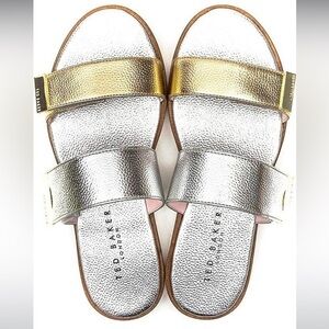 Ted Baker Mixed-Metallic Gold and Silver Double-Strap Slide Sandals